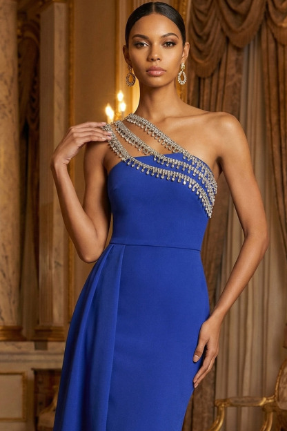 Royal Blue Formal Evening Dress Sheath One Shoulder Cape Maxi Dress