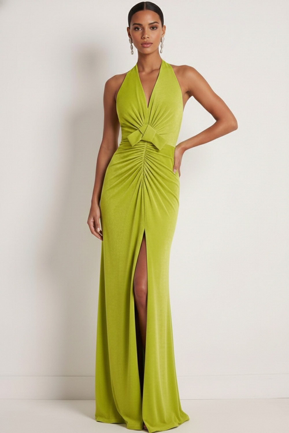 Mustard Green Formal Dress Sheath Halter Ruched Slit Maxi Dress