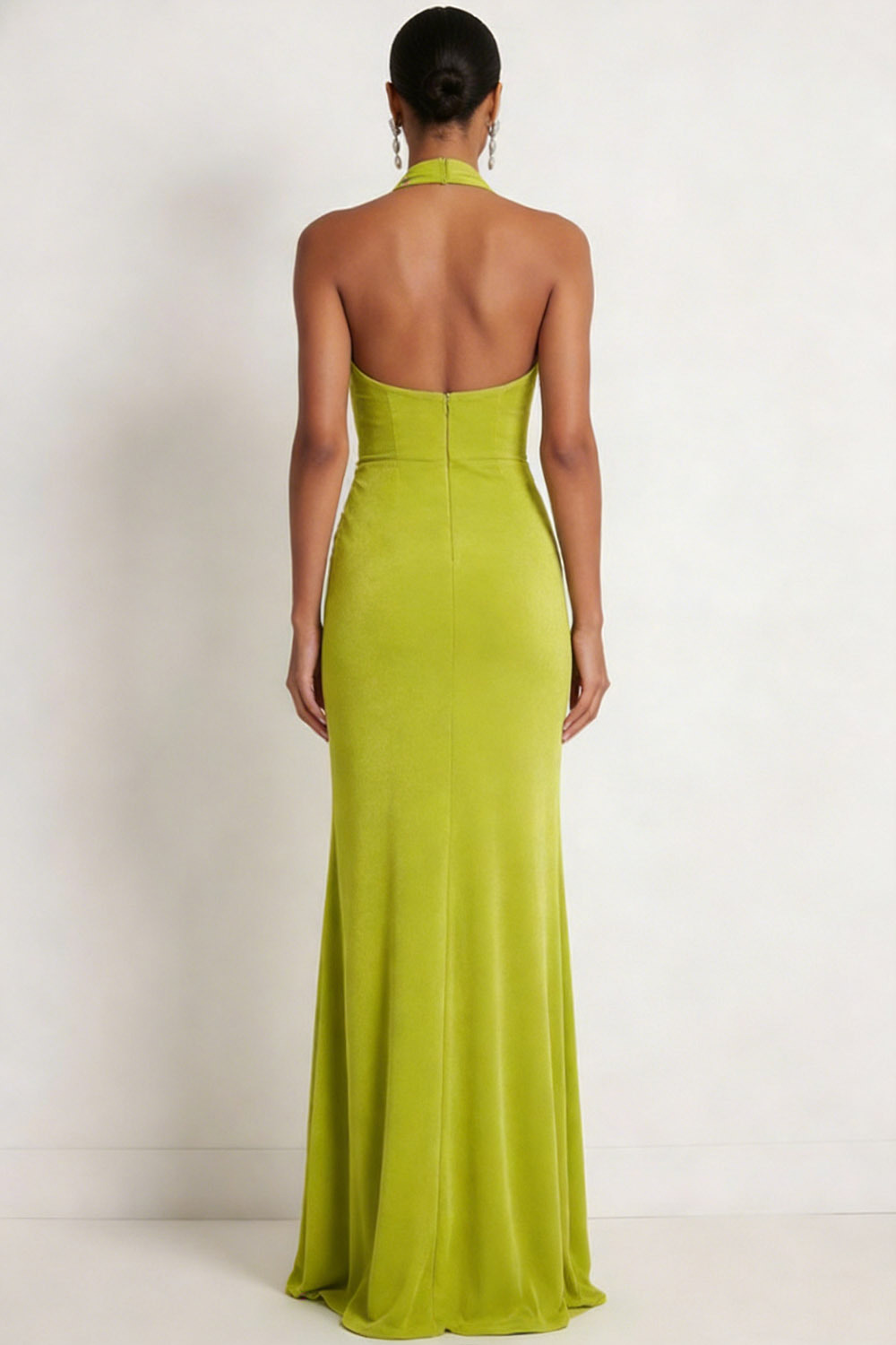 Mustard Green Formal Dress Sheath Halter Ruched Slit Maxi Dress