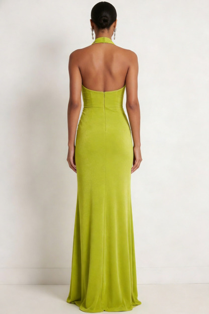 Mustard Green Formal Dress Sheath Halter Ruched Slit Maxi Dress