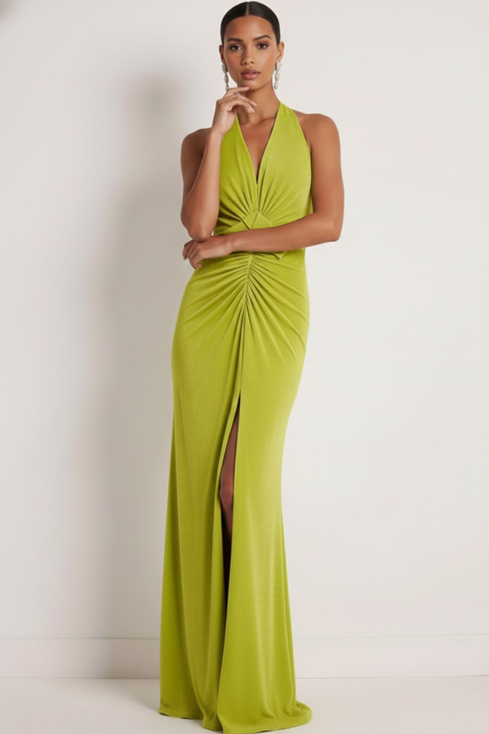 Mustard Green Formal Dress Sheath Halter Ruched Slit Maxi Dress