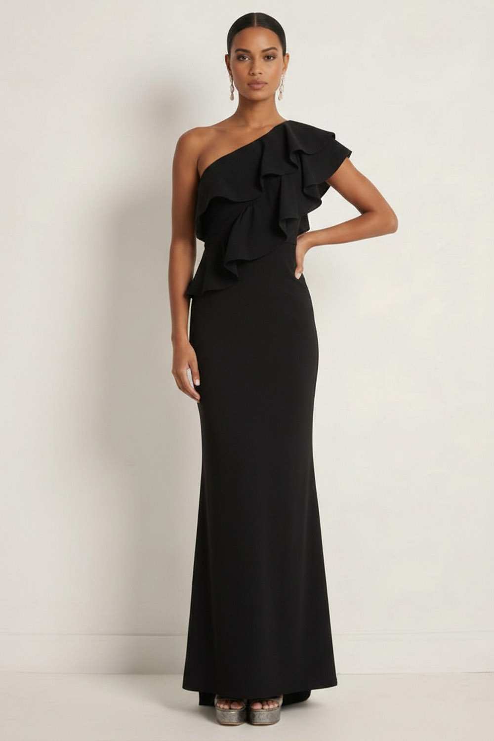 Black Formal Evening Dress One Shoulder Chiffon Ruffled Maxi Dress