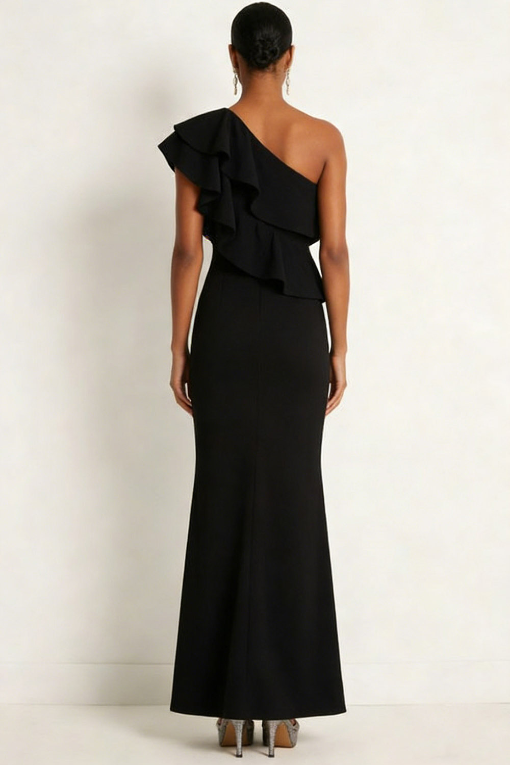 Black Formal Evening Dress One Shoulder Chiffon Ruffled Maxi Dress 