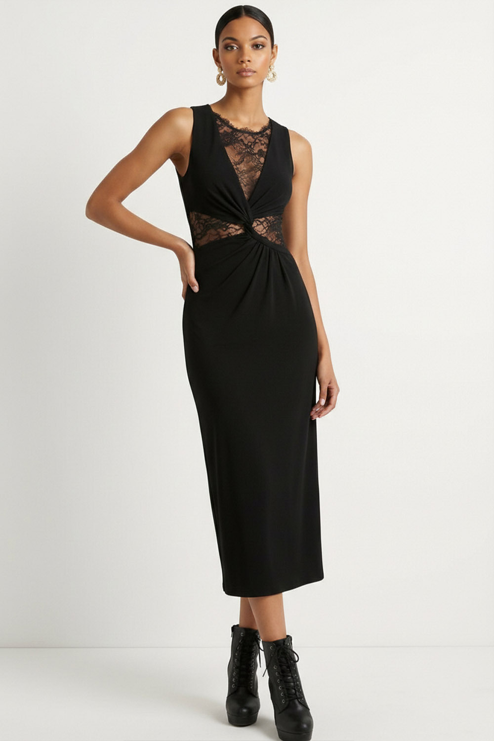 Black Formal Dress V-Neck Chiffon Midi Dress with Lace