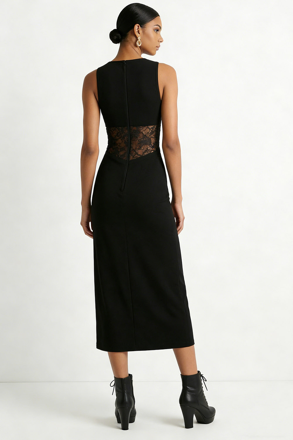 Black Formal Dress V-Neck Chiffon Midi Dress with Lace