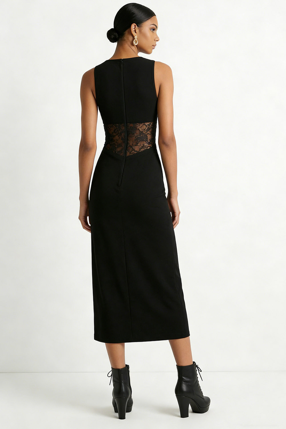 Black Formal Dress V-Neck Chiffon Midi Dress with Lace