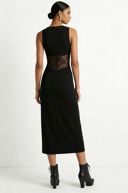 Black Formal Dress V-Neck Chiffon Midi Dress with Lace