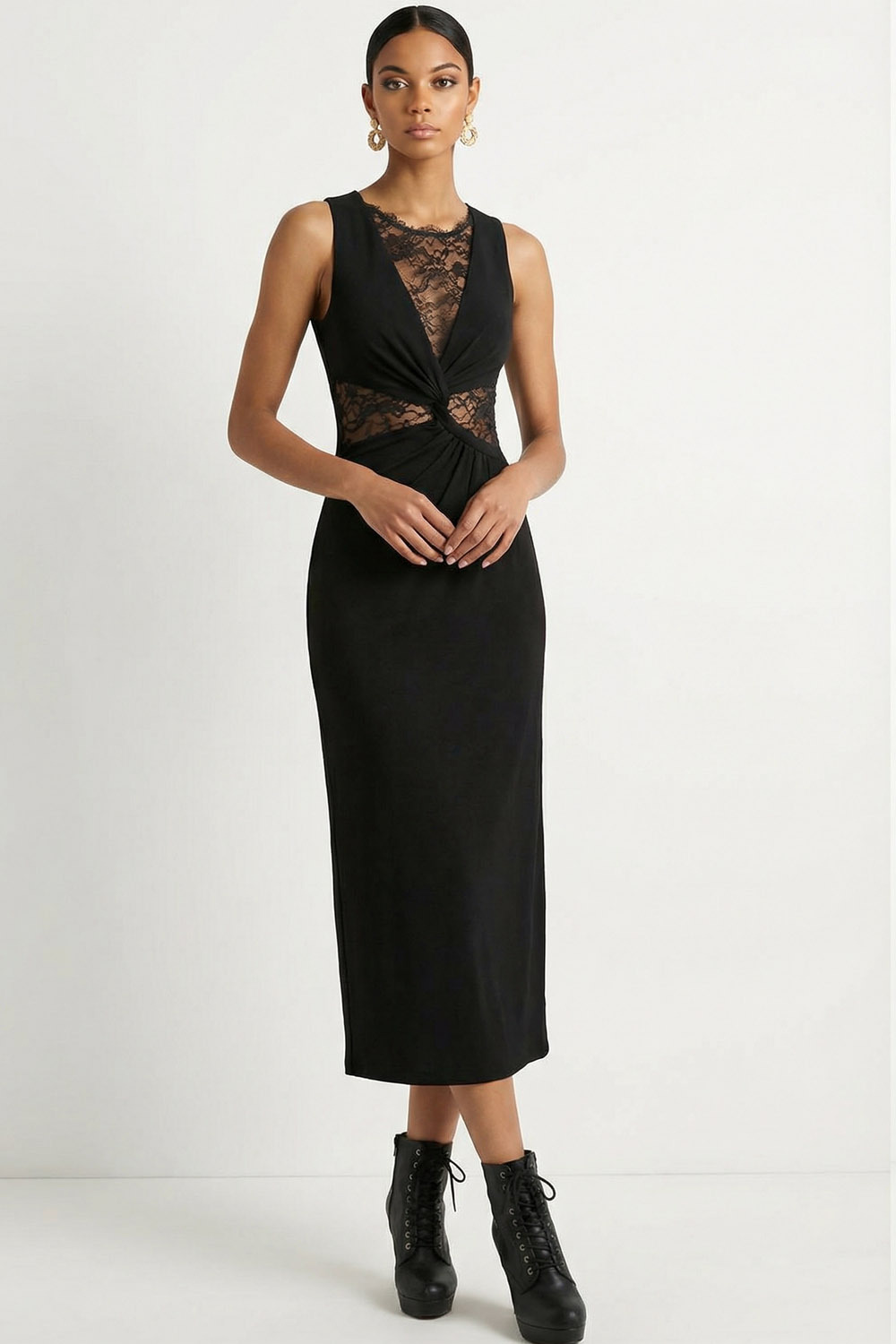 Black Formal Dress V-Neck Chiffon Midi Dress with Lace