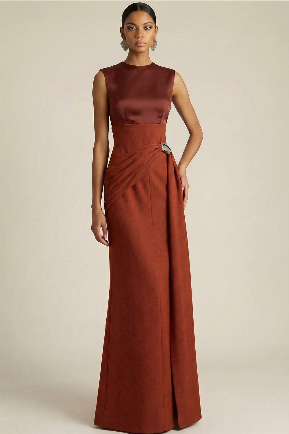 Red Formal Evening Dress Sheath Round Neck Sleeveless Maxi Dress