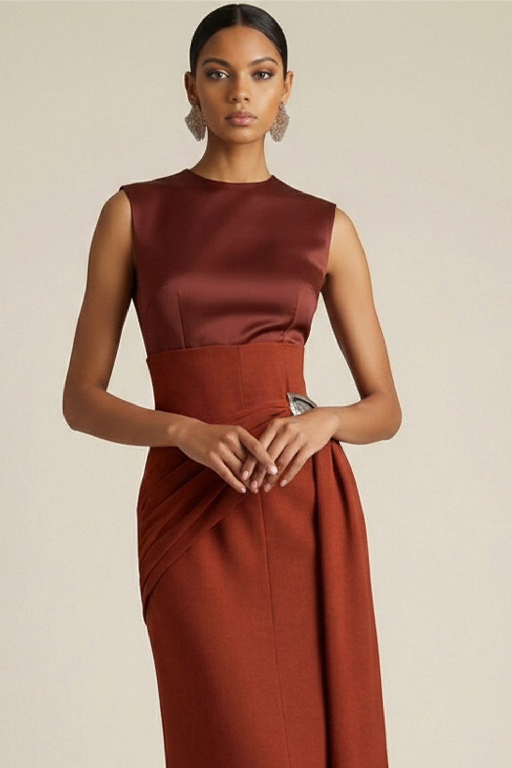 Red Formal Evening Dress Sheath Round Neck Sleeveless Maxi Dress