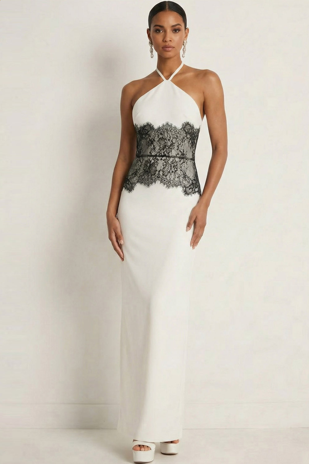 White Formal Evening Dress Sheath Halter Maxi Dress with Lace