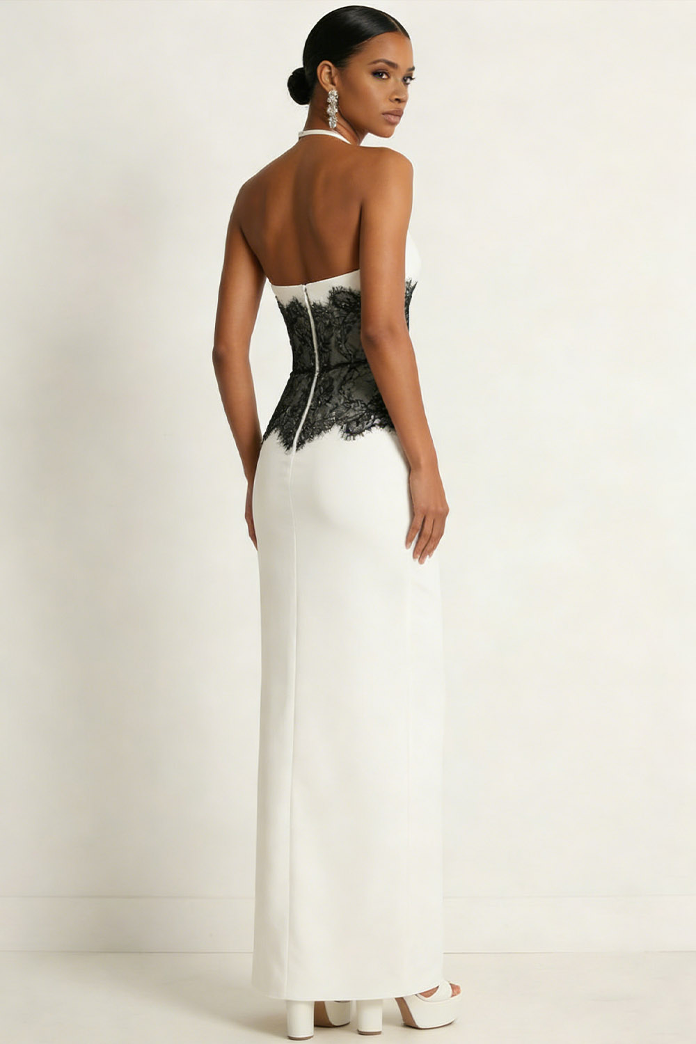 White Formal Evening Dress Sheath Halter Maxi Dress with Lace
