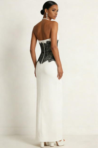 White Formal Evening Dress Sheath Halter Maxi Dress with Lace