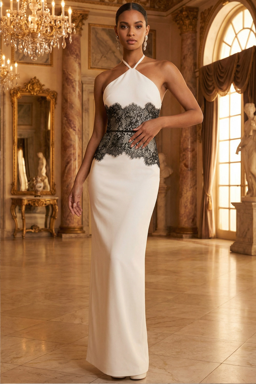 White Formal Evening Dress Sheath Halter Maxi Dress with Lace