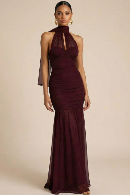Burgundy Formal Dress Mermaid Halter Chiffon Maxi Dress with Scarf