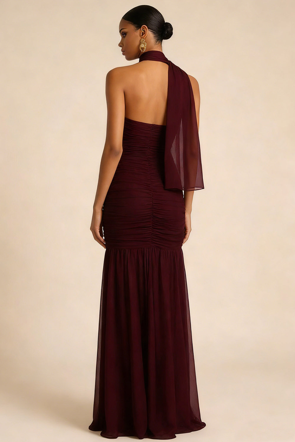 Burgundy Formal Dress Mermaid Halter Chiffon Maxi Dress with Scarf