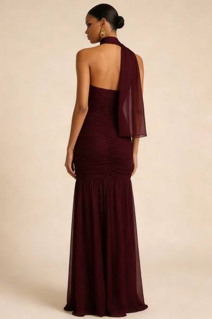 Burgundy Formal Dress Mermaid Halter Chiffon Maxi Dress with Scarf