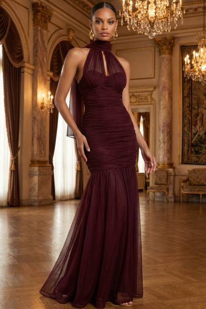 Burgundy Formal Dress Mermaid Halter Chiffon Maxi Dress with Scarf