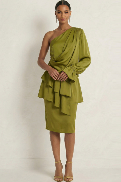 Mustard Green Formal Dress Bodycon One Shoulder Ruffled Satin Midi Dress 