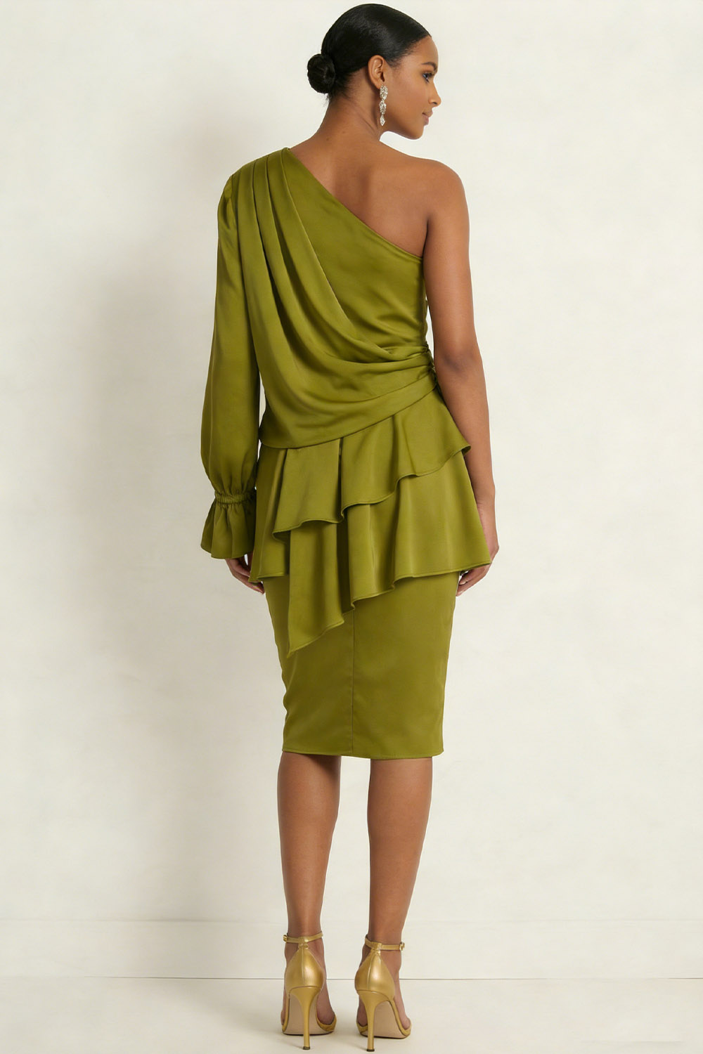 Mustard Green Formal Dress Bodycon One Shoulder Ruffled Satin Midi Dress 