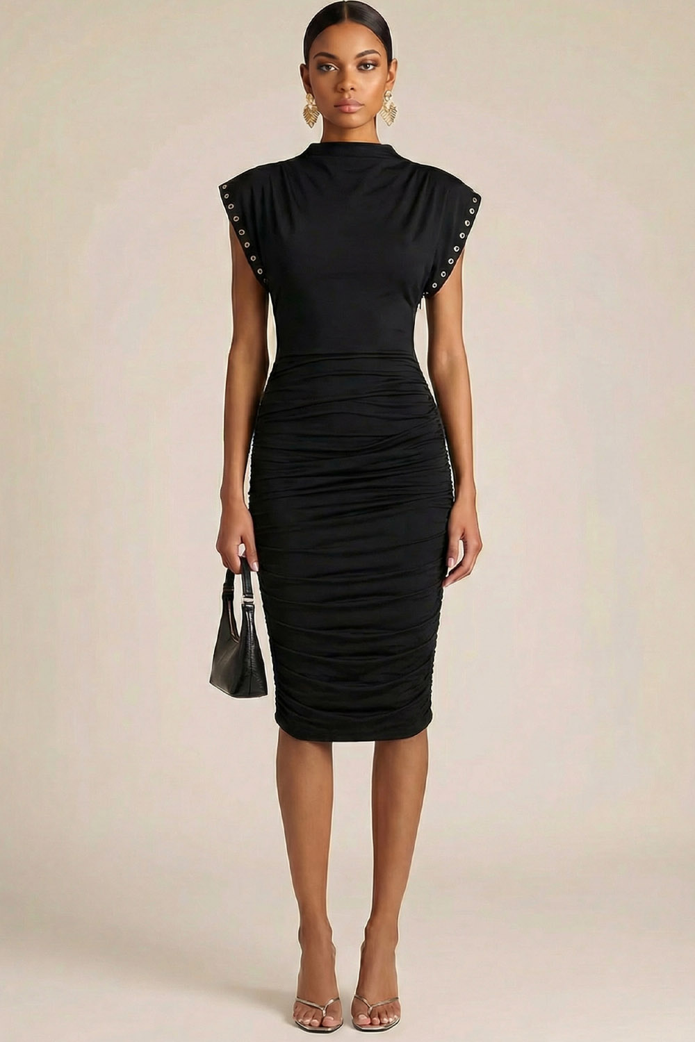 Black Formal Evening Dress Bodycon High Neck Ruched Midi Dress 