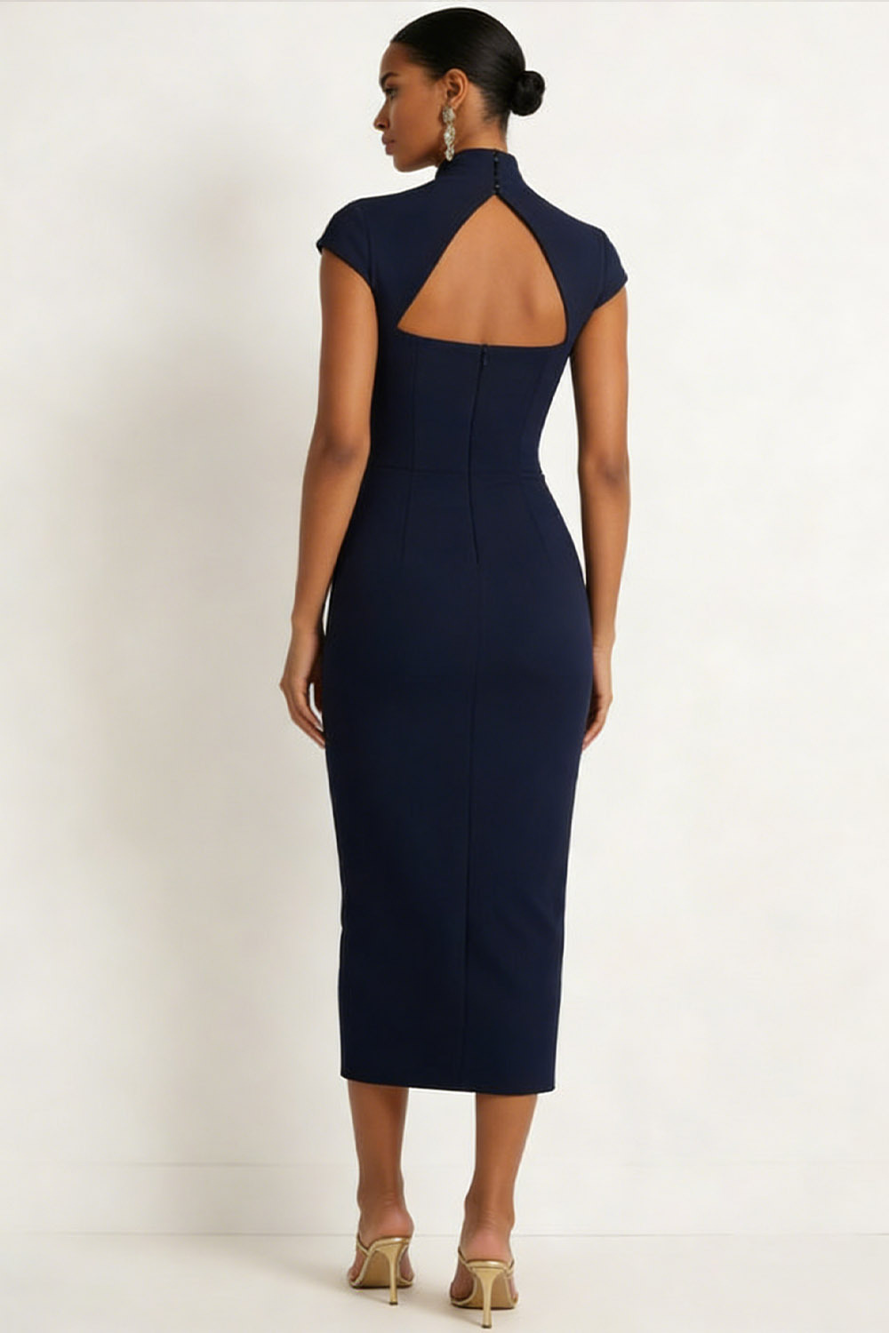 Navy Formal Evening Dress Bodycon Cut-Out Neck Midi Dress 