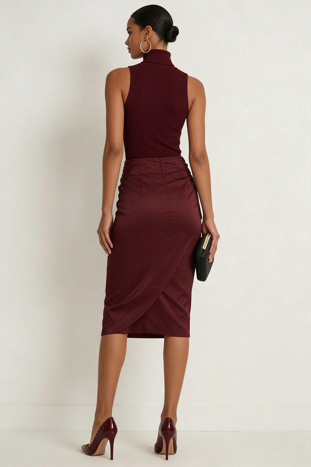 Burgundy Formal Dress Bodycon High Neck Sleeveless Satin Midi Dress 