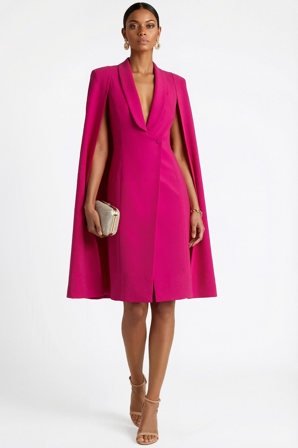 Fuchsia Formal Evening Dress Sheath Lapel Midi Dress with Cape