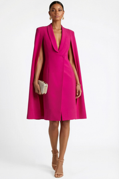 Fuchsia Formal Evening Dress Sheath Lapel Midi Dress with Cape