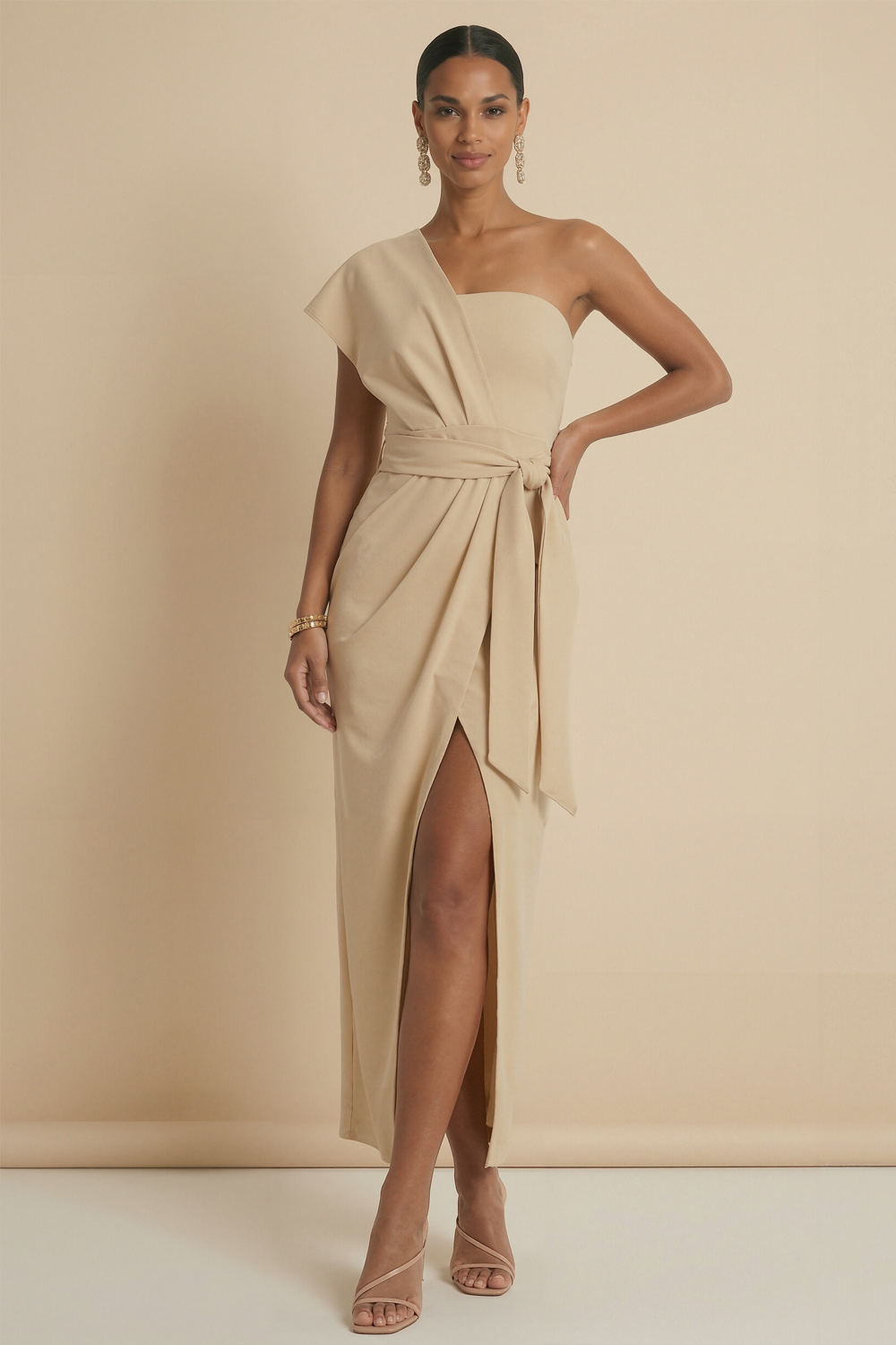 Champagne Formal Dress Sheath One Shoulder Maxi Dress with Slit