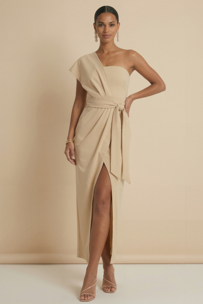 Champagne Formal Dress Sheath One Shoulder Maxi Dress with Slit