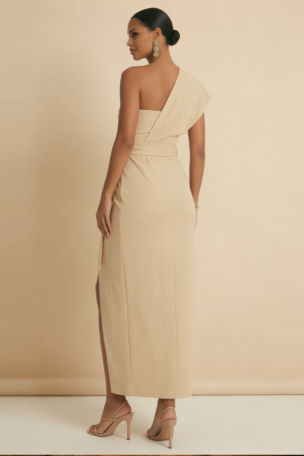 Champagne Formal Dress Sheath One Shoulder Maxi Dress with Slit