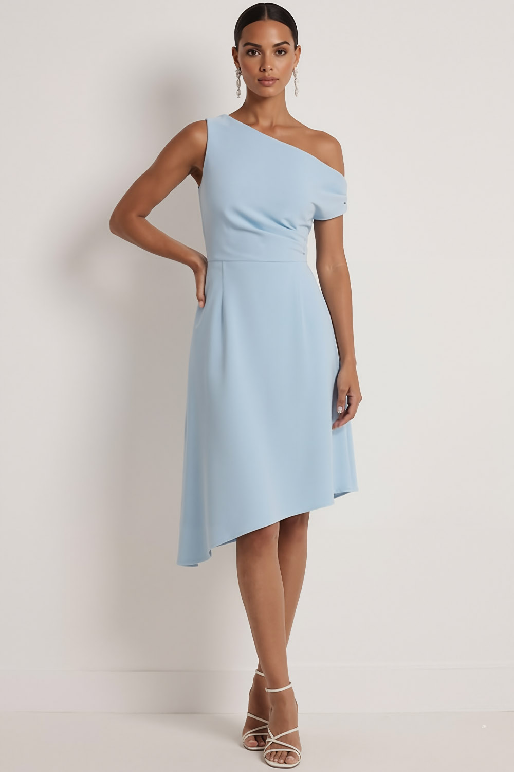 Sky Blue Formal ​Wedding Bridesmaid Dress One Shoulder Midi Dress 
