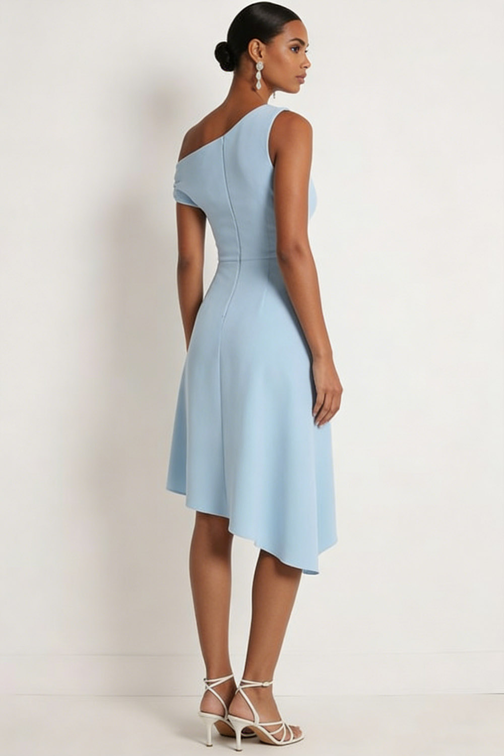 Sky Blue Formal ​Wedding Bridesmaid Dress One Shoulder Midi Dress 