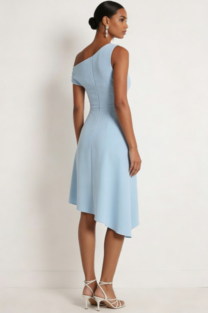 Sky Blue Formal ​Wedding Bridesmaid Dress One Shoulder Midi Dress 
