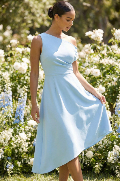Sky Blue Formal ​Wedding Bridesmaid Dress One Shoulder Midi Dress 