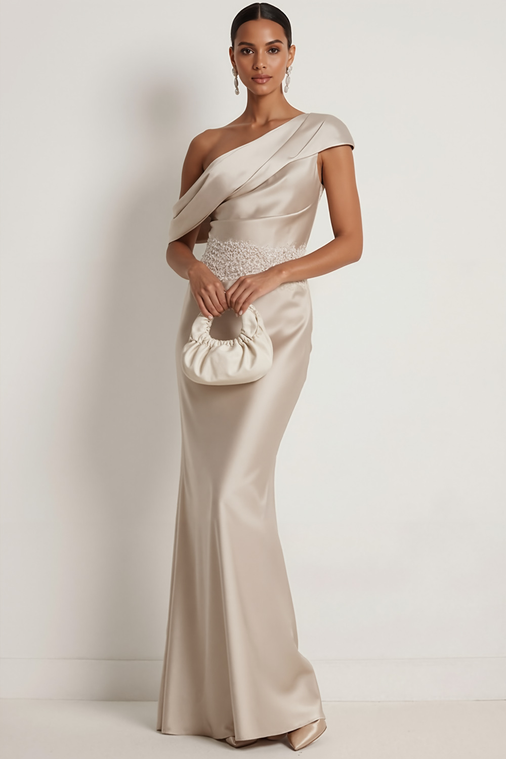 Ivory Formal Evening Dress Asymmetrical Neck Satin Maxi Dress with Lace