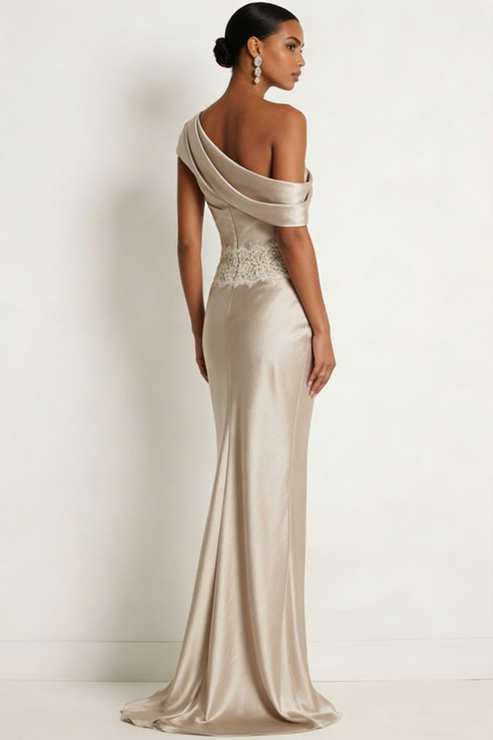 Ivory Formal Evening Dress Asymmetrical Neck Satin Maxi Dress with Lace