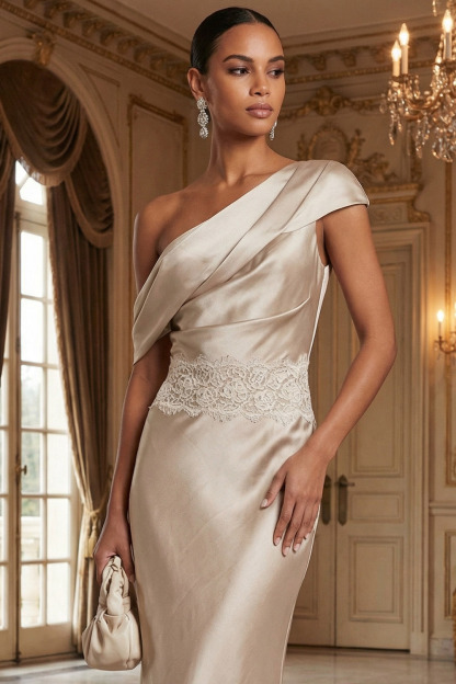 Ivory Formal Evening Dress Asymmetrical Neck Satin Maxi Dress with Lace