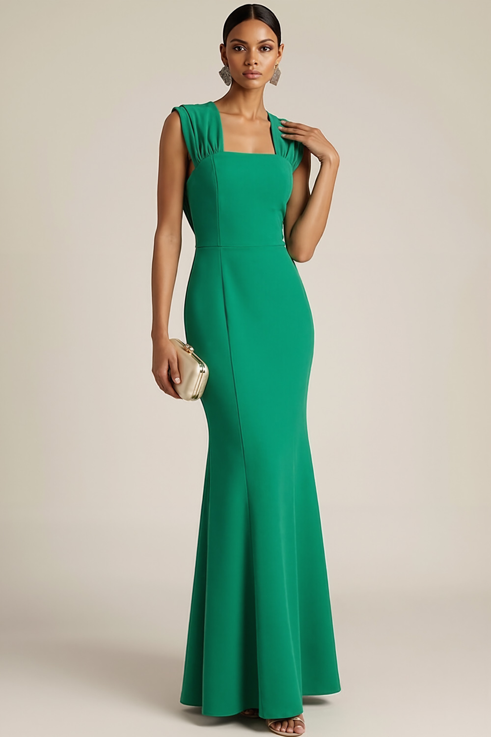 Green Formal Evening Dress Mermaid Square Neck Maxi Dress