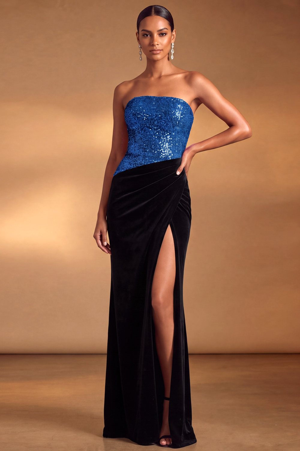 The Argentelle | Silver Formal Party Dress Strapless Sequin Maxi Dress with Slit | Chiclody