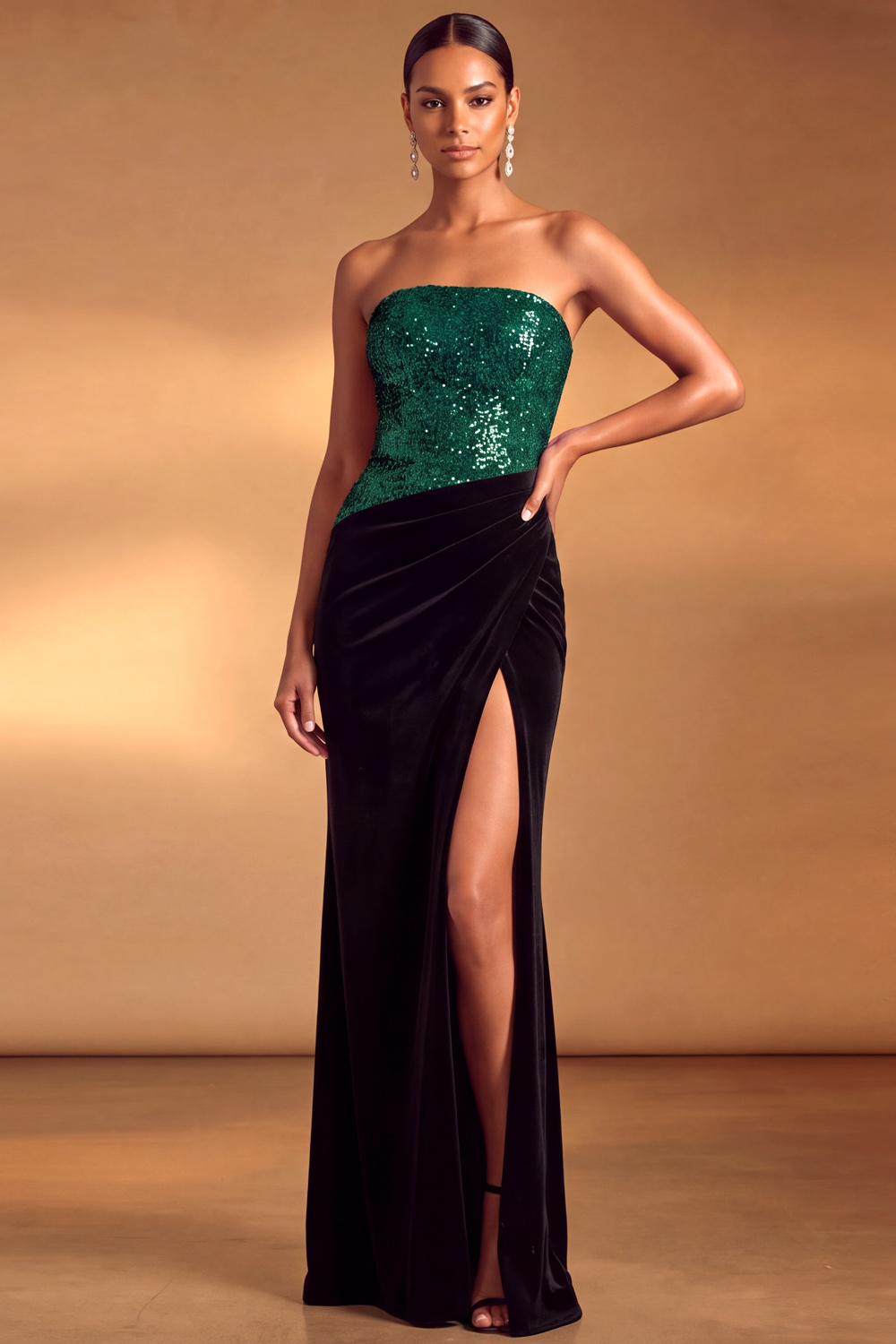 The Argentelle | Silver Formal Party Dress Strapless Sequin Maxi Dress with Slit | Chiclody