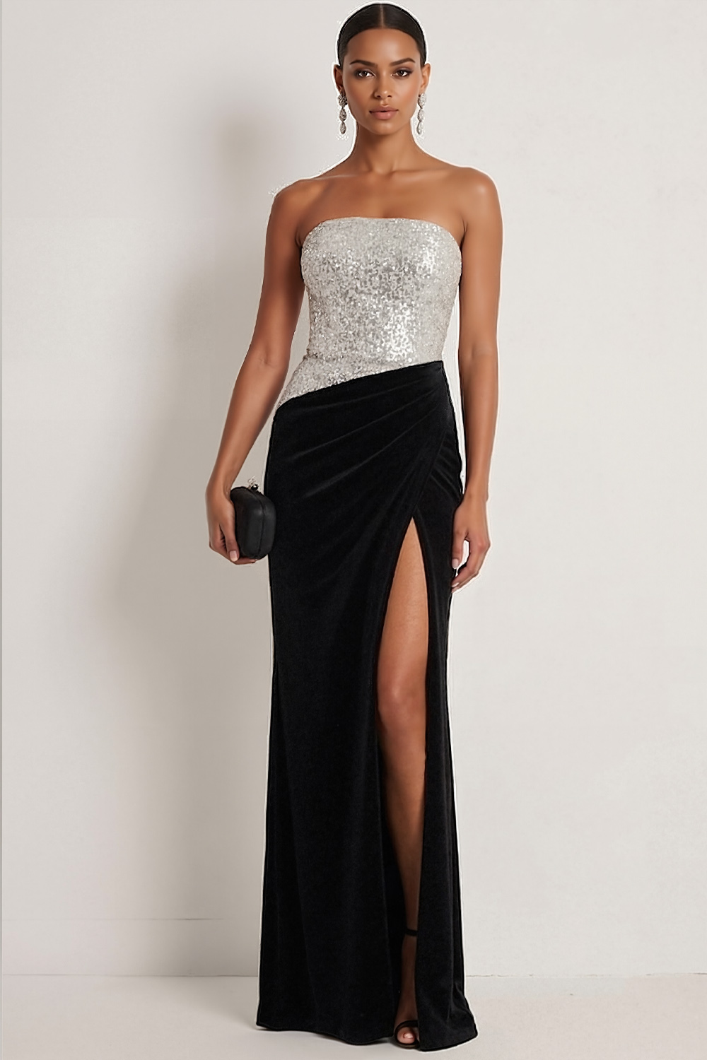 Silver Formal Party Dress Strapless Sequin Maxi Dress with Slit