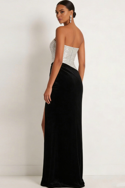 Silver Formal Party Dress Strapless Sequin Maxi Dress with Slit