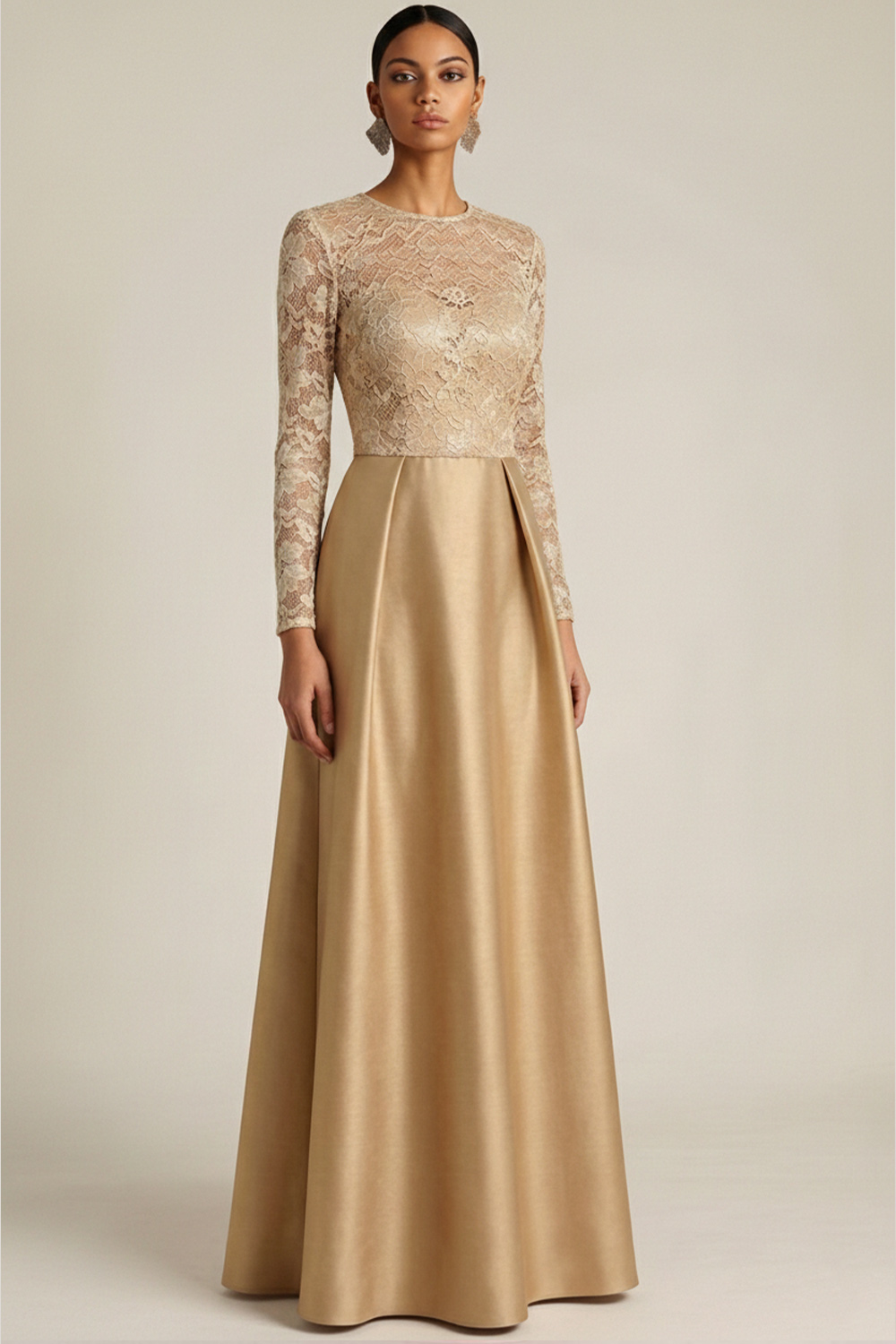 Champagne Formal Dress Round Neck Lace Long Sleeve Satin Maxi Dress