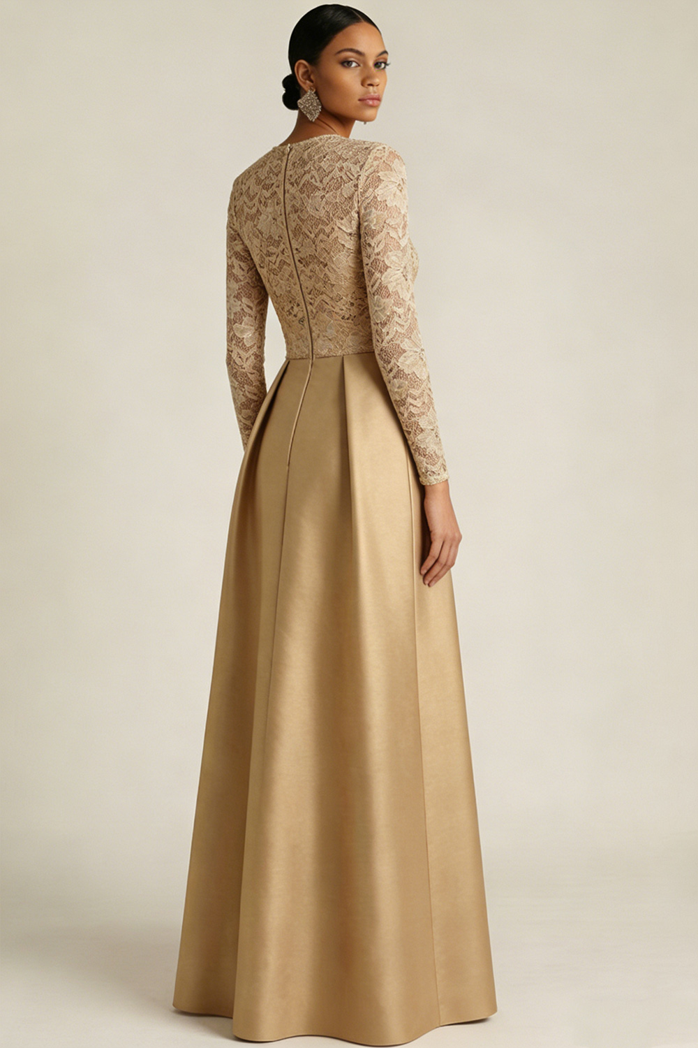Champagne Formal Dress Round Neck Lace Long Sleeve Satin Maxi Dress