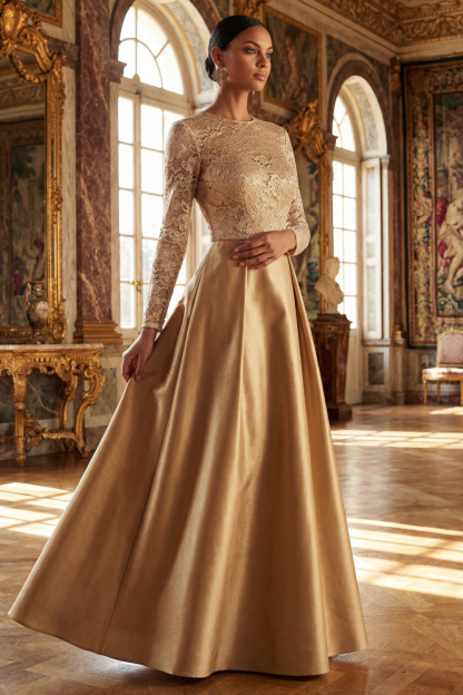 Champagne Formal Dress Round Neck Lace Long Sleeve Satin Maxi Dress