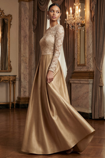 Champagne Formal Dress Round Neck Lace Long Sleeve Satin Maxi Dress