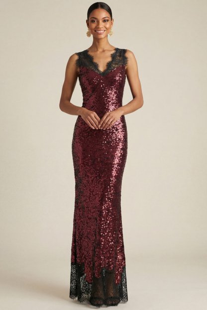 Burgundy Formal Party Dress V-Neck Sequin Maxi Dress with Lace