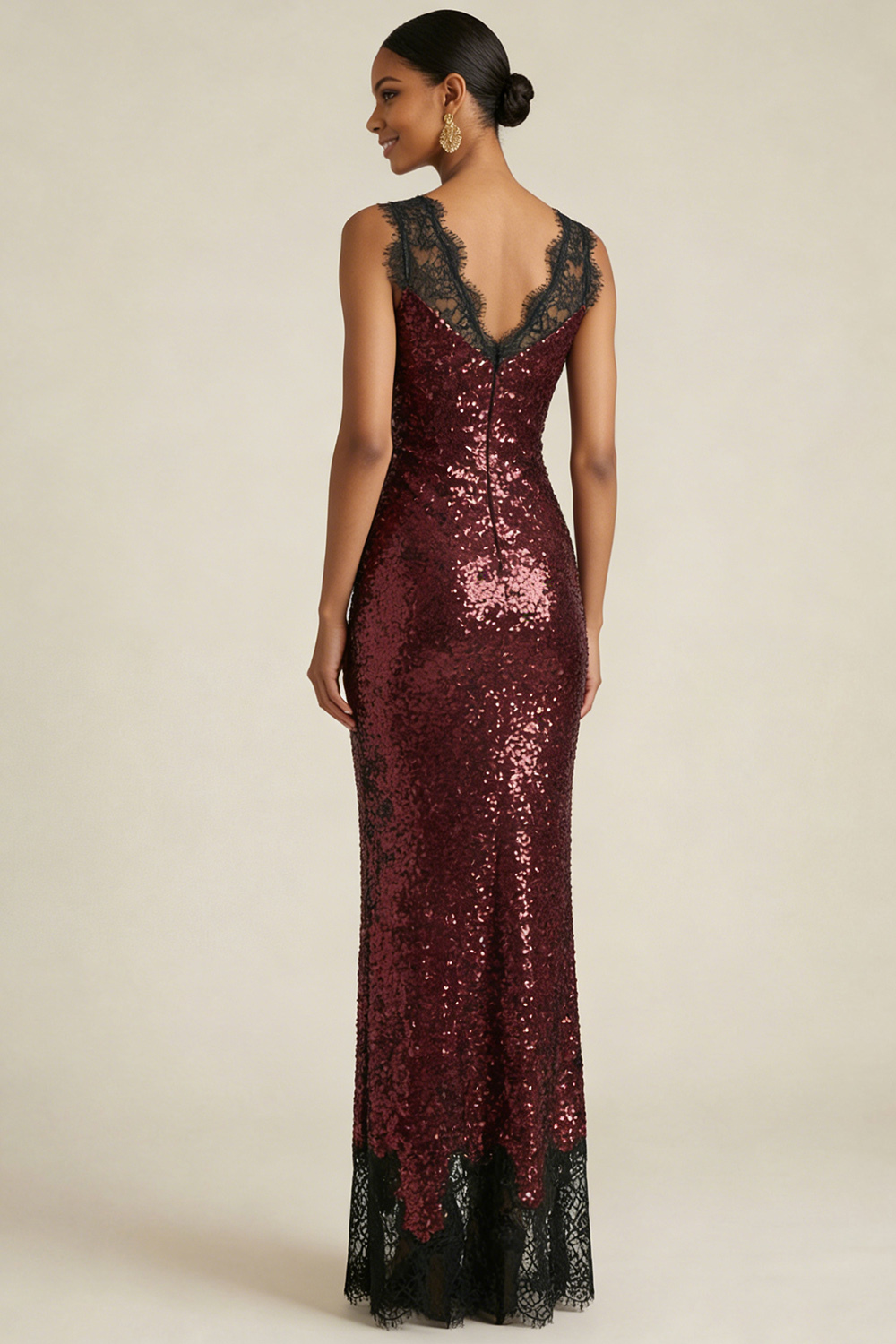 Burgundy Formal Party Dress V-Neck Sequin Maxi Dress with Lace